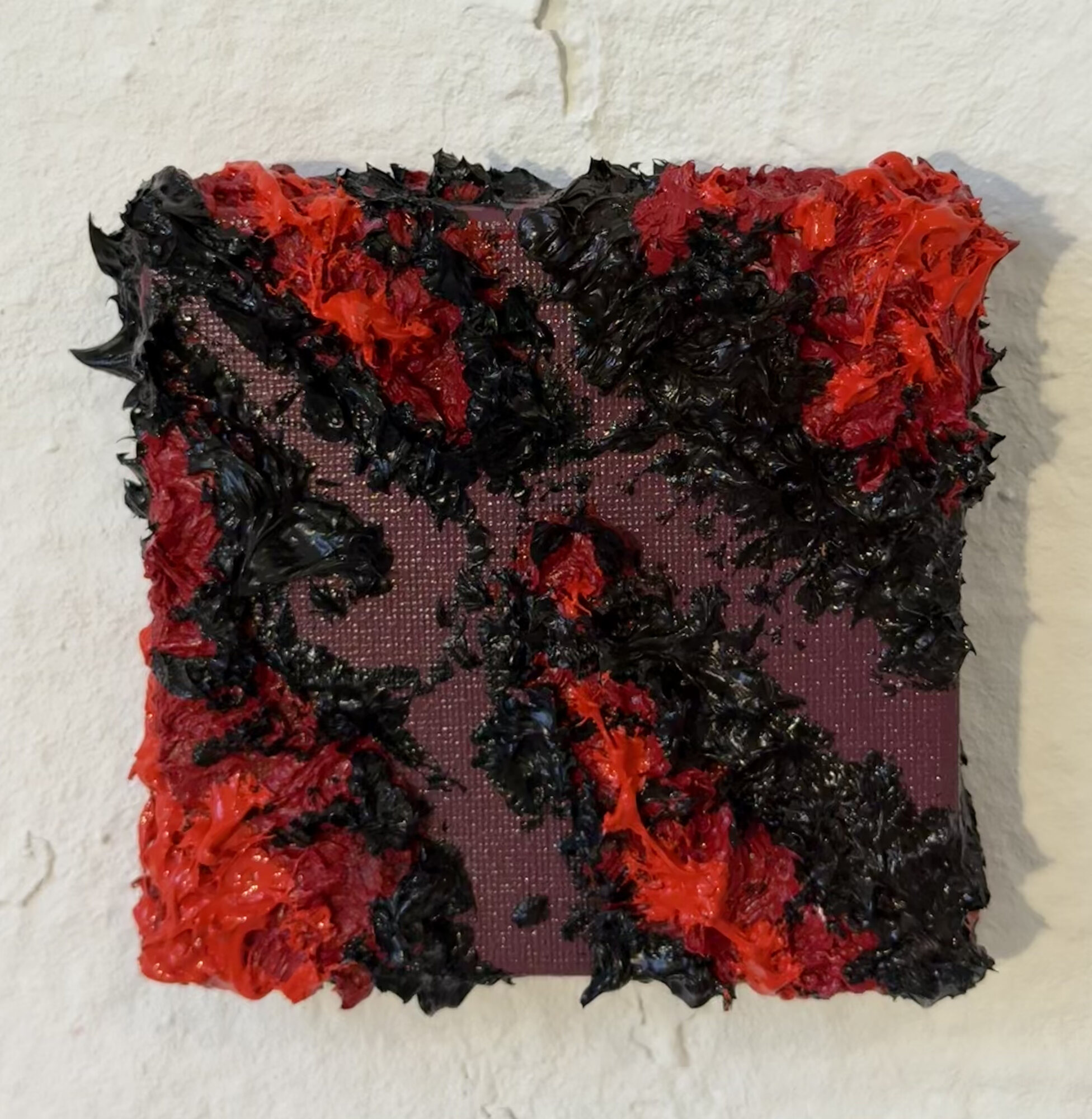 Balaton lava II — small square oil and acrylic painting, thick textured strokes of red and black