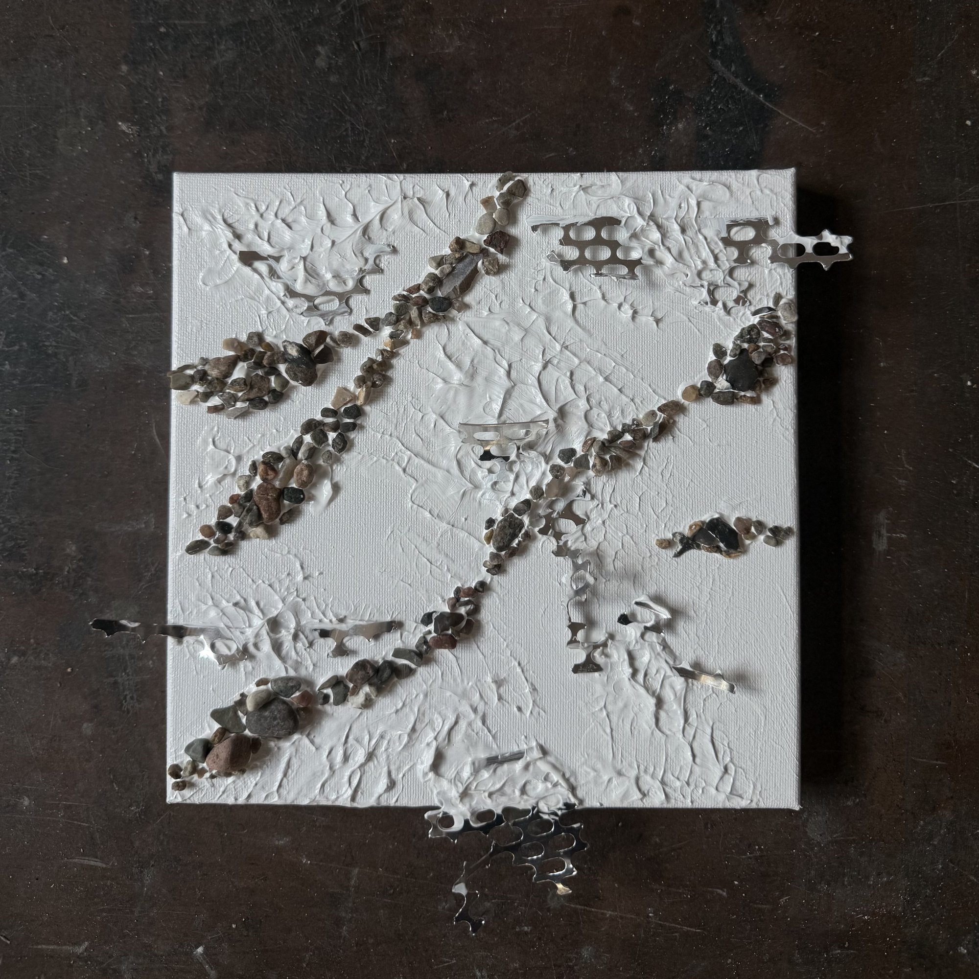 Denmark I — square acrylic painting with modeling paste, metal and stones