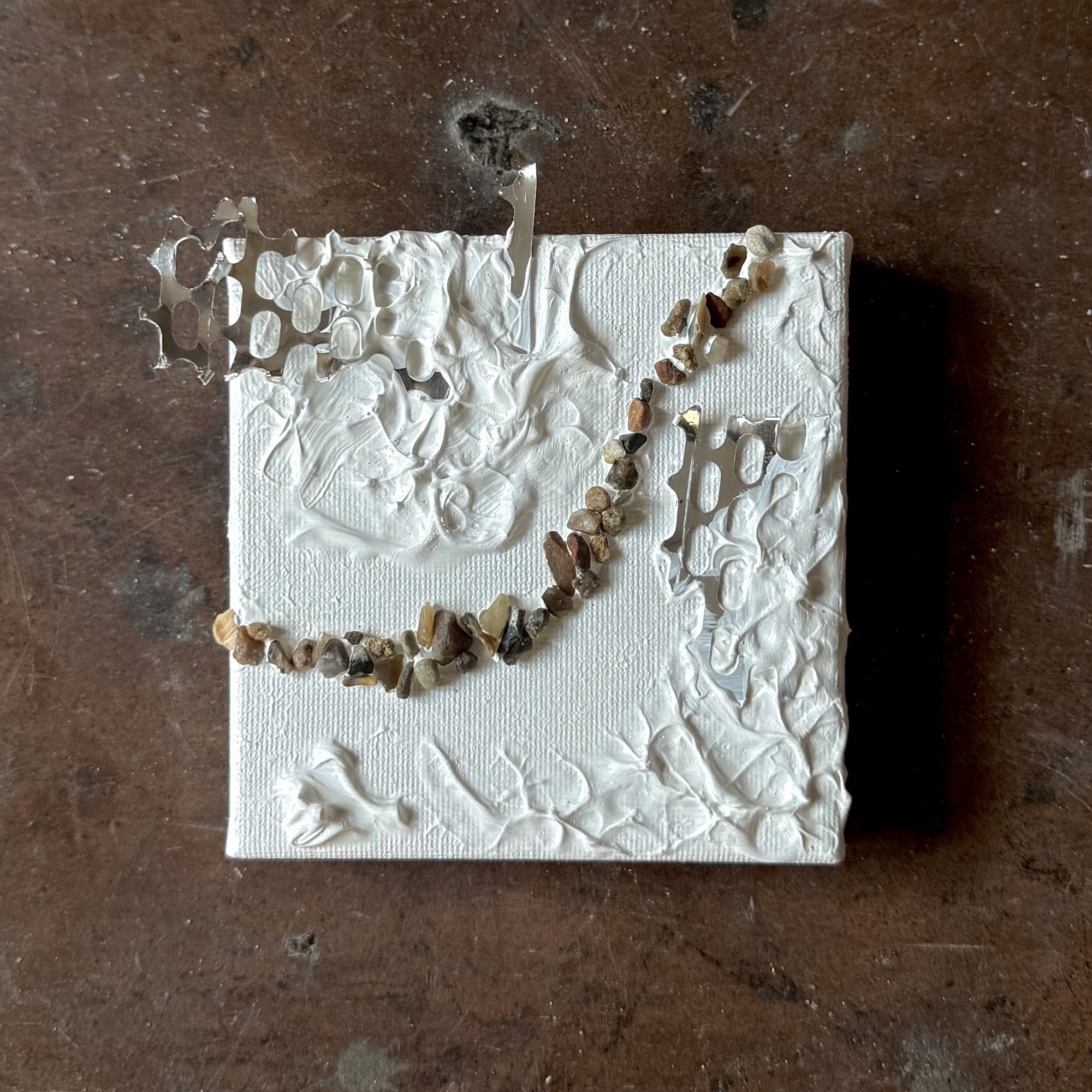 Denmark III — small square acrylic painting with modeling paste, metal and stones