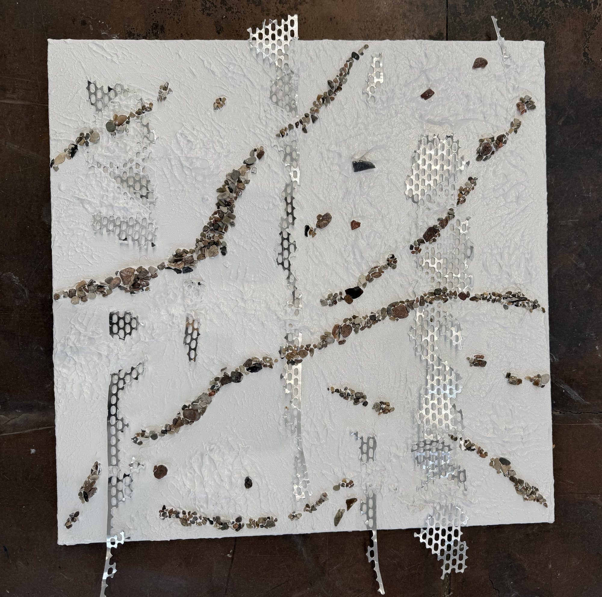 Denmark V — square acrylic painting with modeling paste, metal mesh and stones
